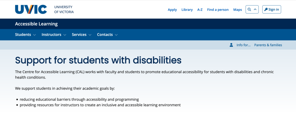 University of Victoria website showing the description for UVIC's Center for Accessible Learning.